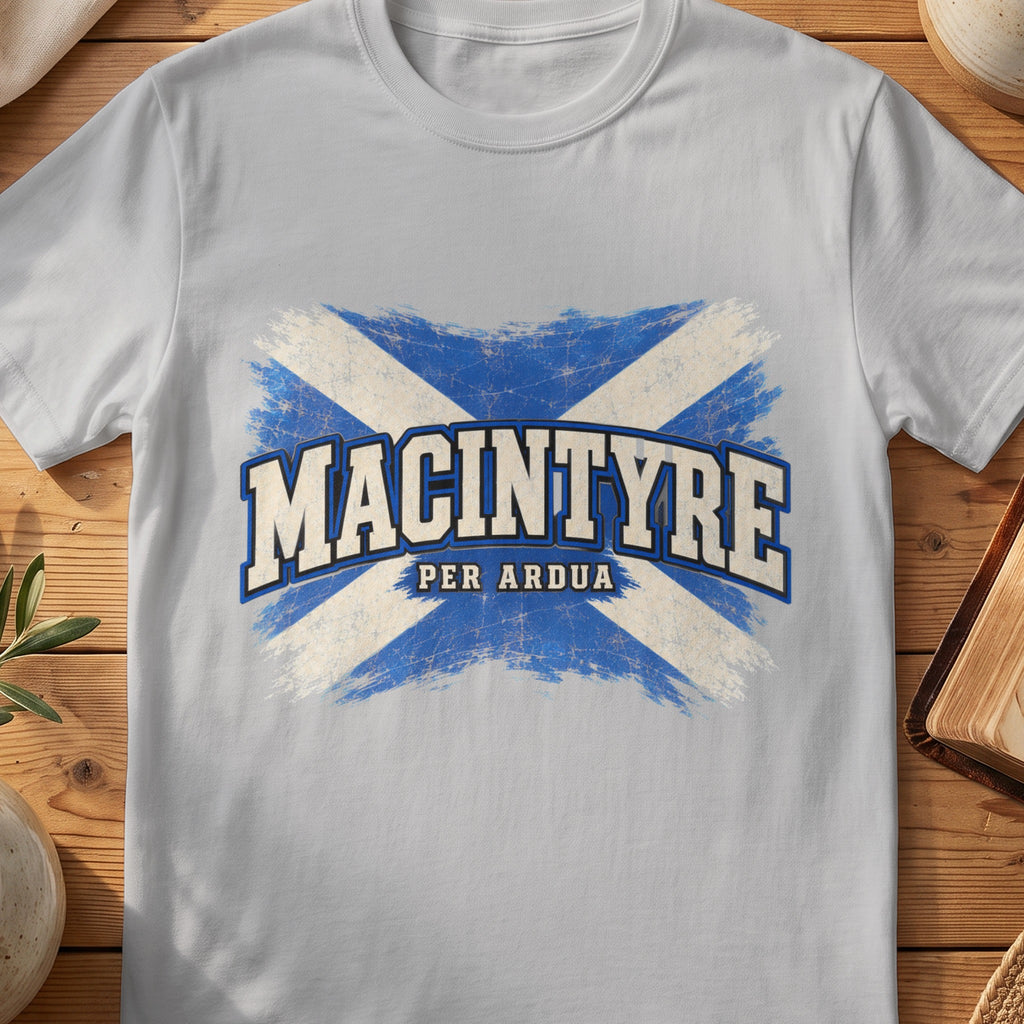 MacIntyre Scottish Saltire T-shirt in Sport Grey, with distressed blue and cream flag and “Per Ardua” lettering.