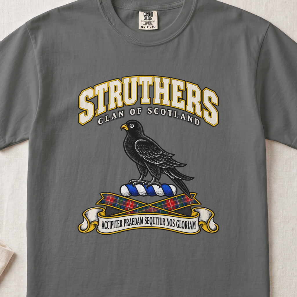 Struthers Scottish clan T-shirt in Pepper, front view with a black bird with a golden beak and motto design.
