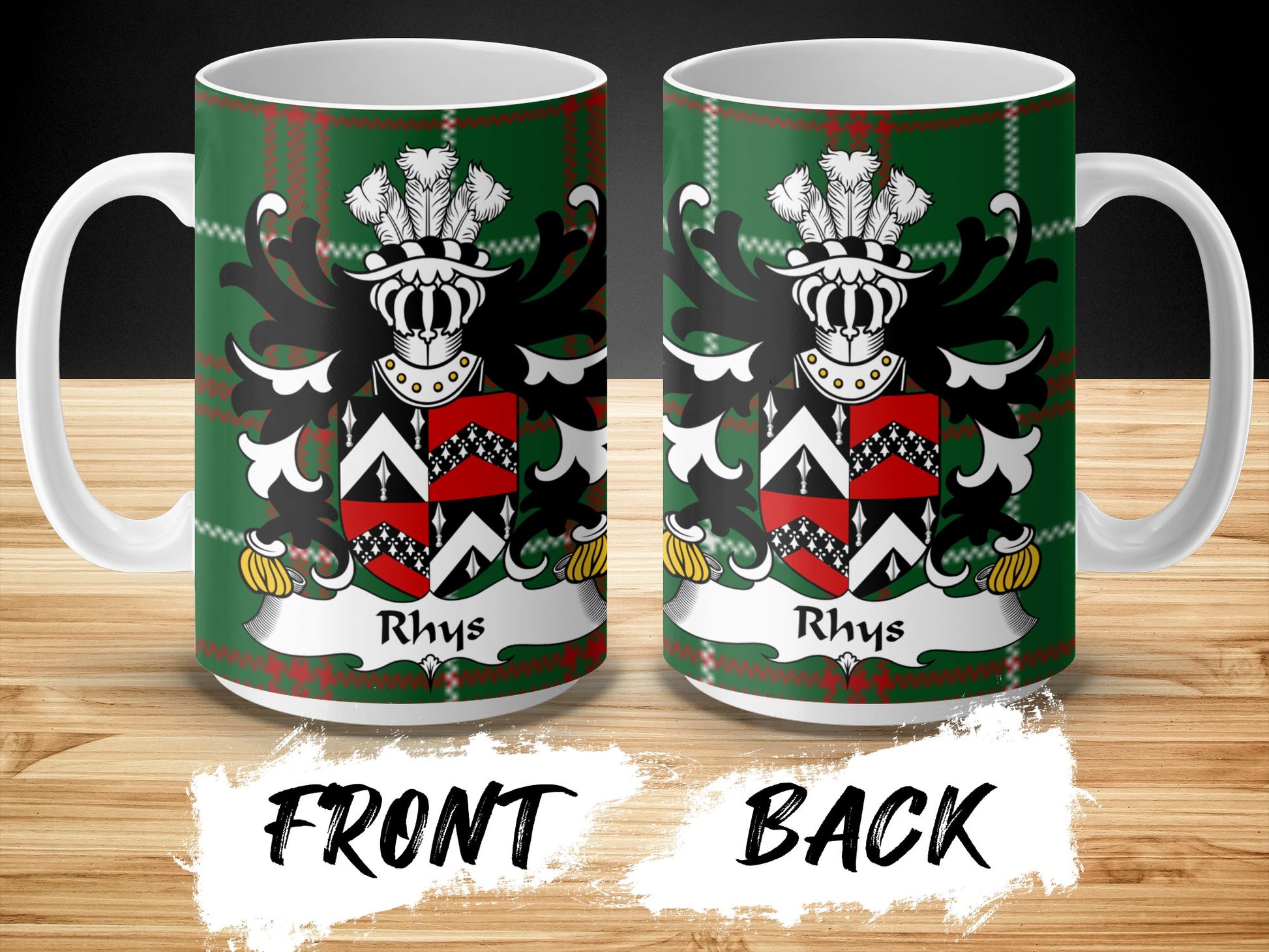 Rhys Coat of Arms on Welsh National Tartan Background Mug - Living Stone Gifts