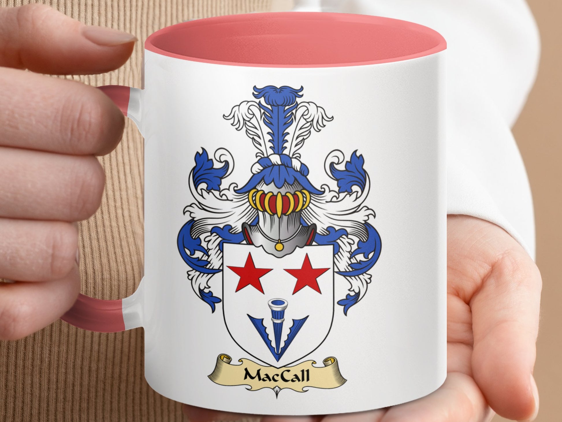 MacCall Family Crest with Two Red Stars Emblem Mug - Living Stone Gifts