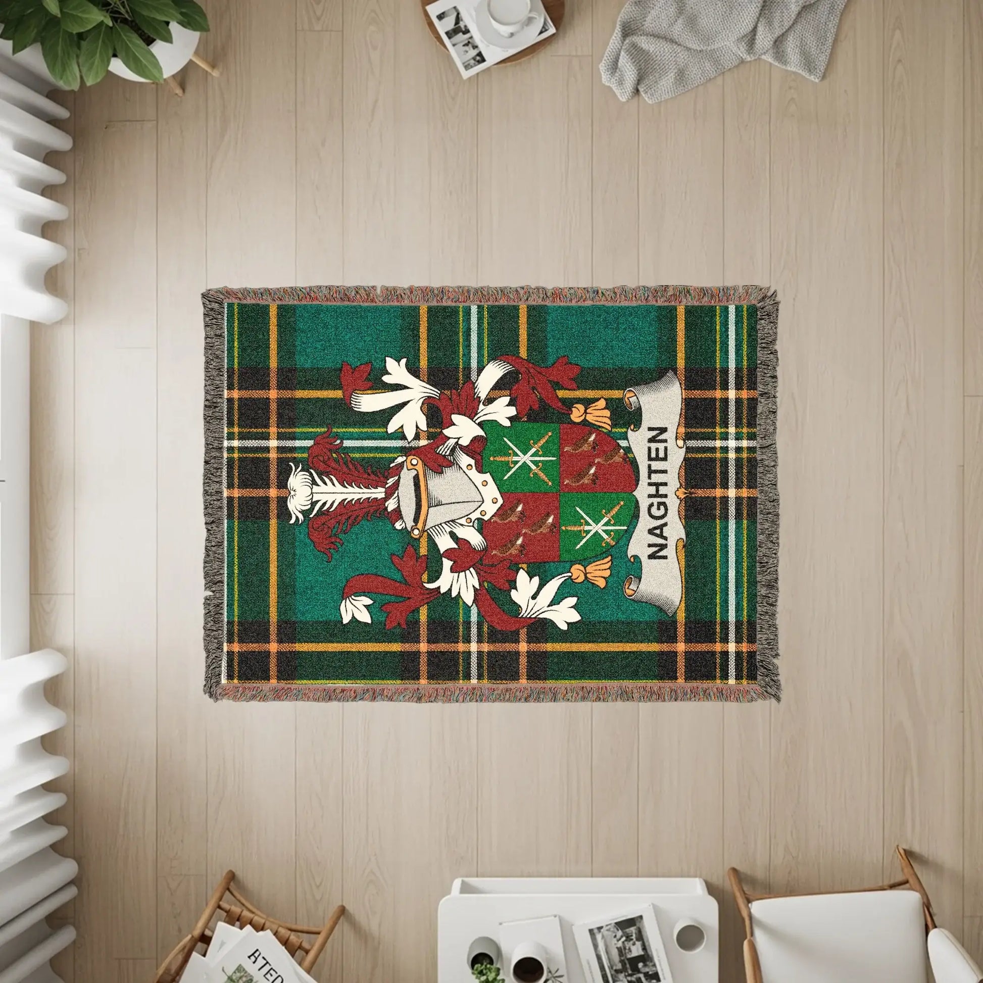 Tapestry with Nagsen family crest on green plaid background.