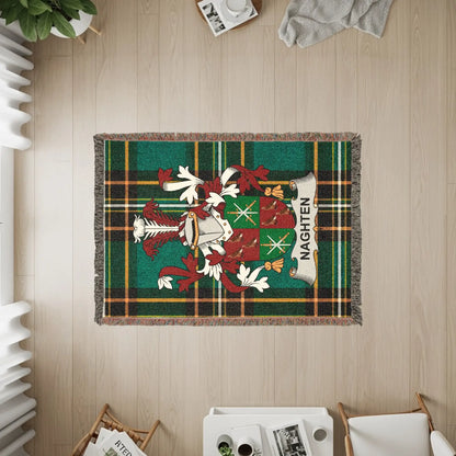 Tapestry with Nagsen family crest on green plaid background.