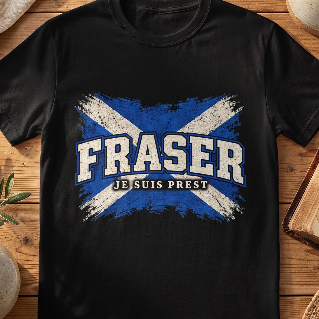 Fraser Scottish Saltire T-shirt in Black, with distressed blue and cream flag and “Je Suis Prest” lettering.