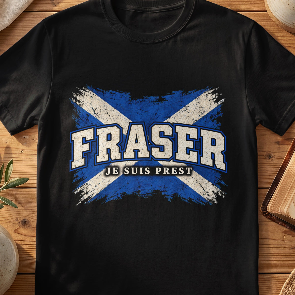 Fraser Scottish Saltire T-shirt in Black, with distressed blue and cream flag and “Je Suis Prest” lettering.