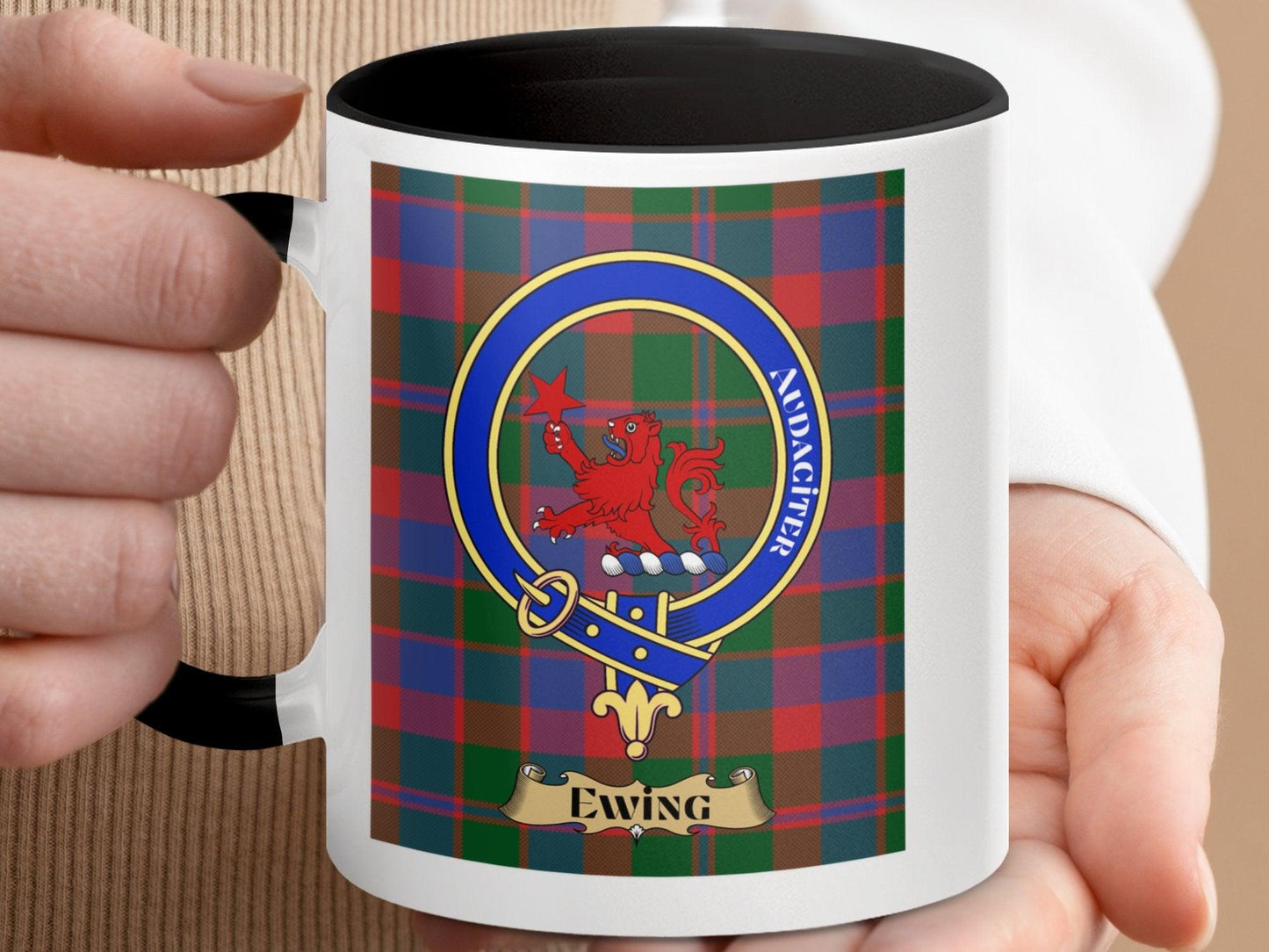 Scottish Clan Tartan Mug with Ewing Crest and Motto - Living Stone Gifts