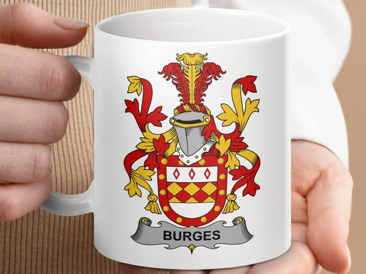 Burges Surname Irish Family Crest Heraldry Heritage Mug - Celtic Ancestry Gifts