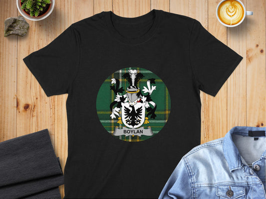 Boylan Family Crest Irish Tartan Background T-Shirt - Living Stone Gifts