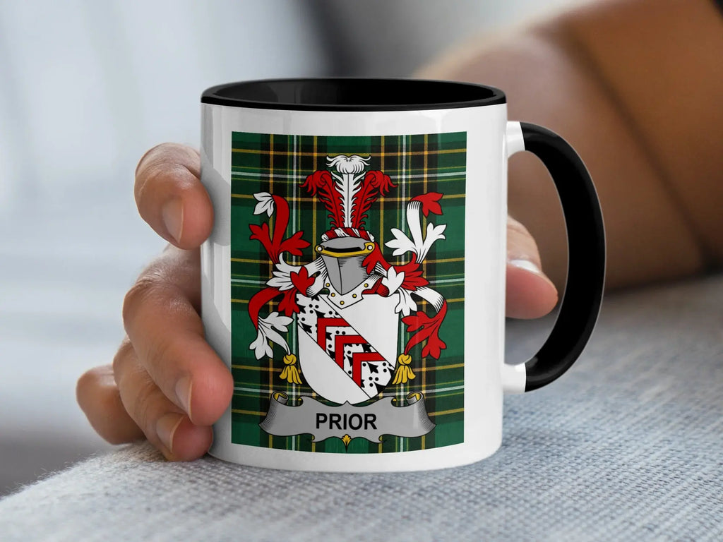 Prior Irish family crest black accent mug with Irish National Tartan