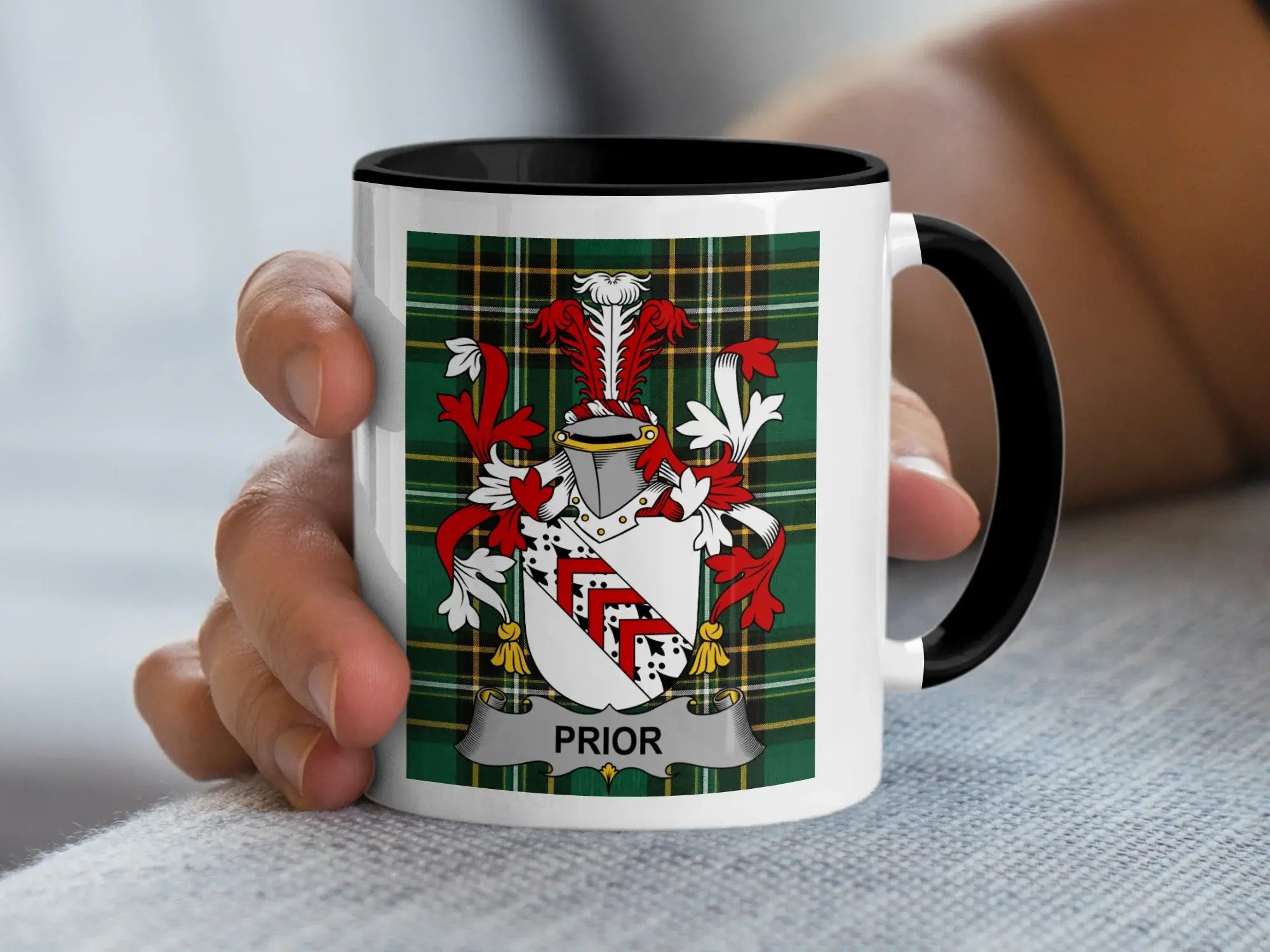 Prior Irish family crest black accent mug with Irish National Tartan