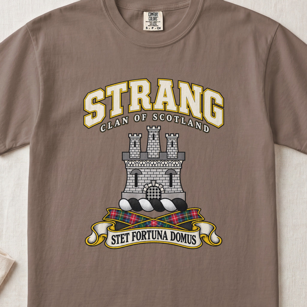 Strang Scottish clan T-shirt in Espresso, front view with a silver three-towered castle and motto design.