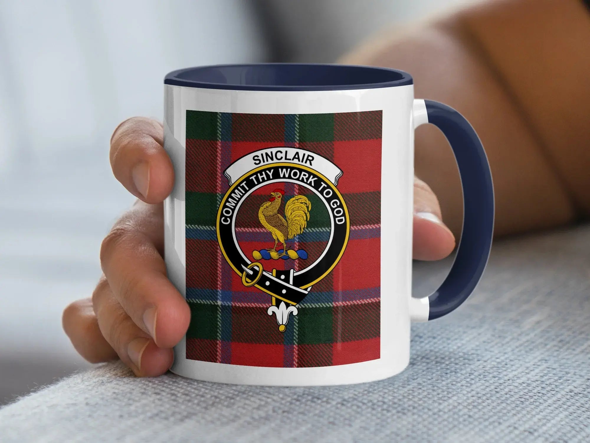 Clan Sinclair tartan accent mug — 11oz ceramic with black handle and rooster crest design