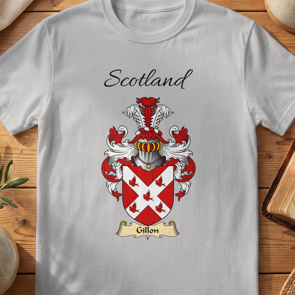 Sport Grey Gillon Scottish family shield T-shirt featuring a white diagonal cross with small red birds