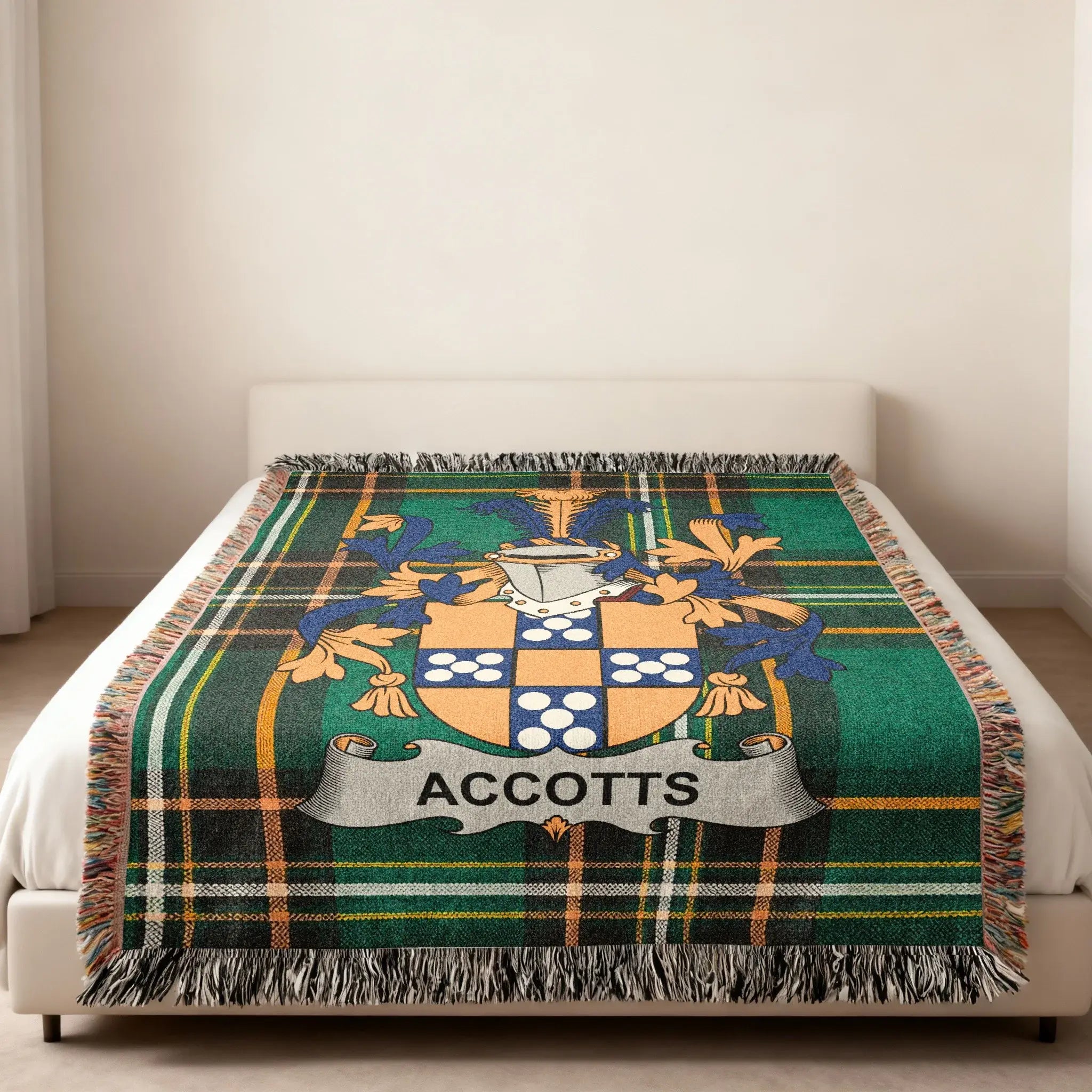 Accotts Irish woven throw blanket with green tartan and traditional fringe