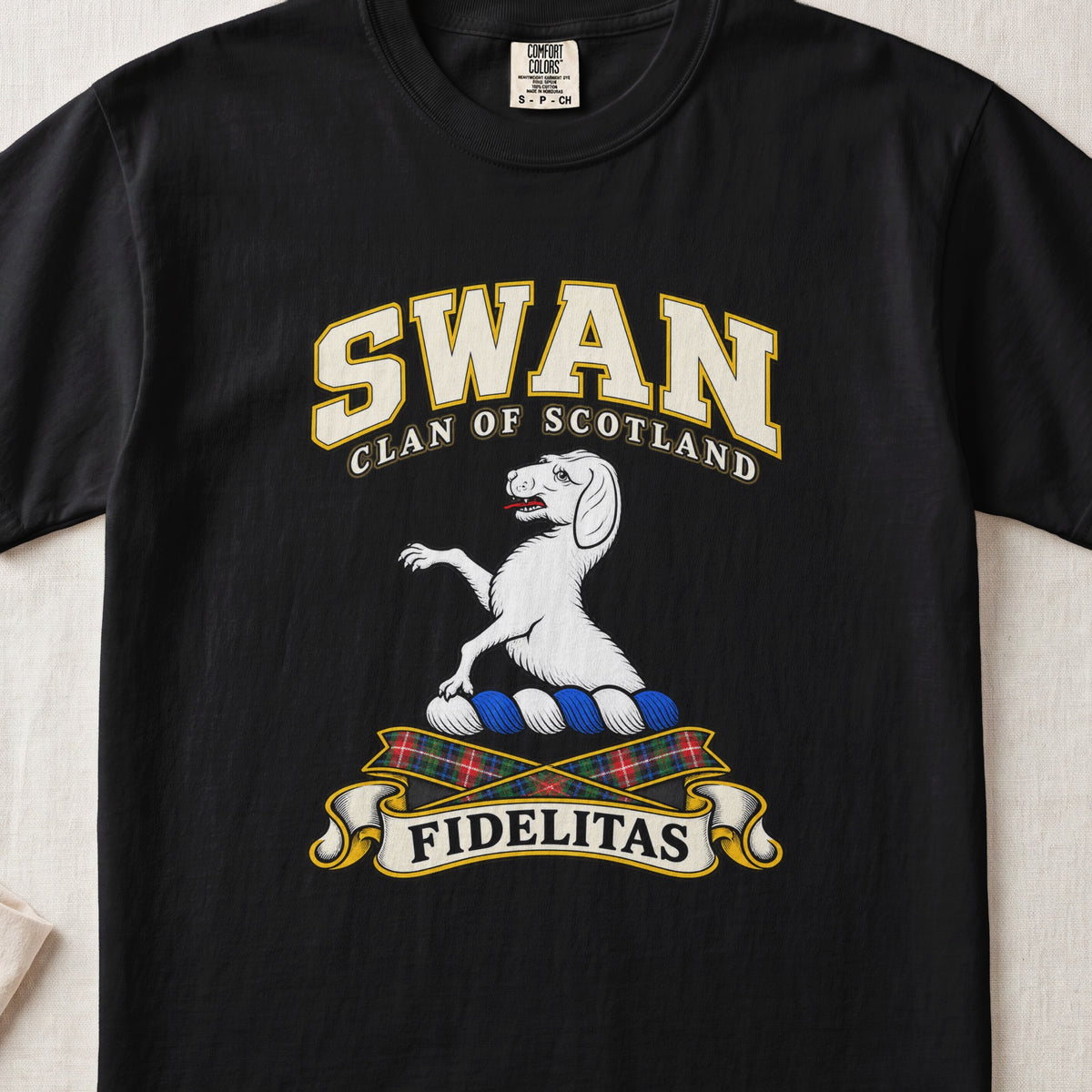 Swan Scottish clan T-shirt in Black, front view with a white hound with raised forelegs and motto banner.