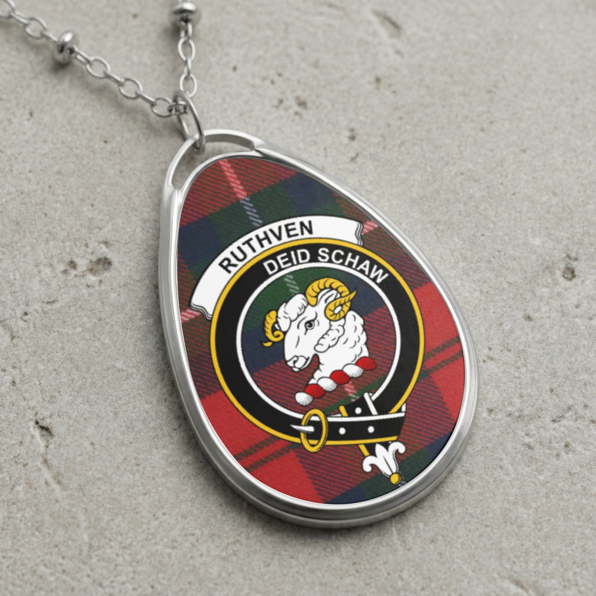 Tartan oval pendant necklace with clan crest "Ruthven Deid Schaw" and a ram.