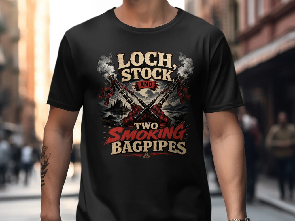 Black t-shirt with "Loch, Stock and Two Smoking Bagpipes" and crossed bagpipes.
