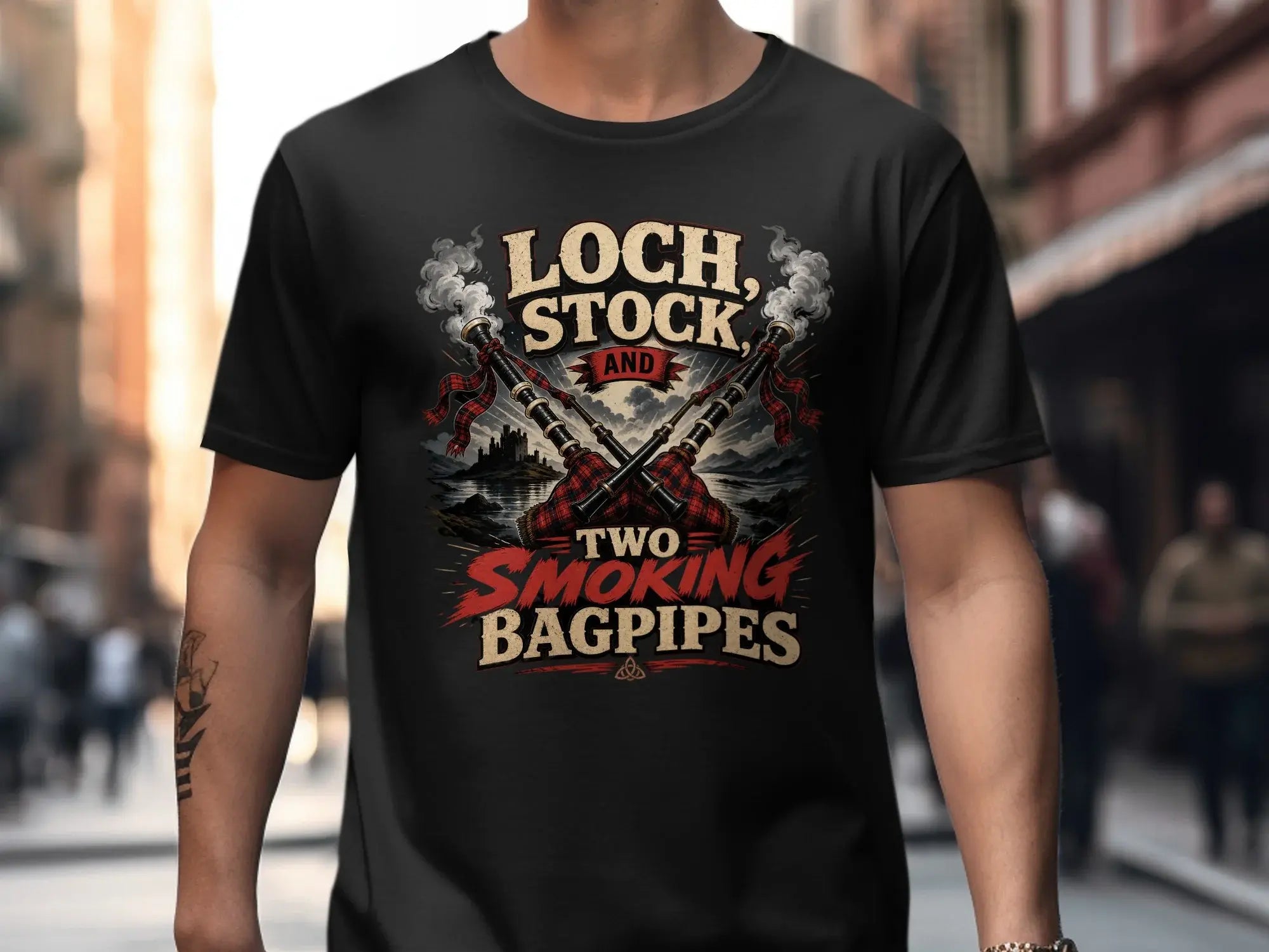 Black t-shirt with "Loch, Stock and Two Smoking Bagpipes" and crossed bagpipes.