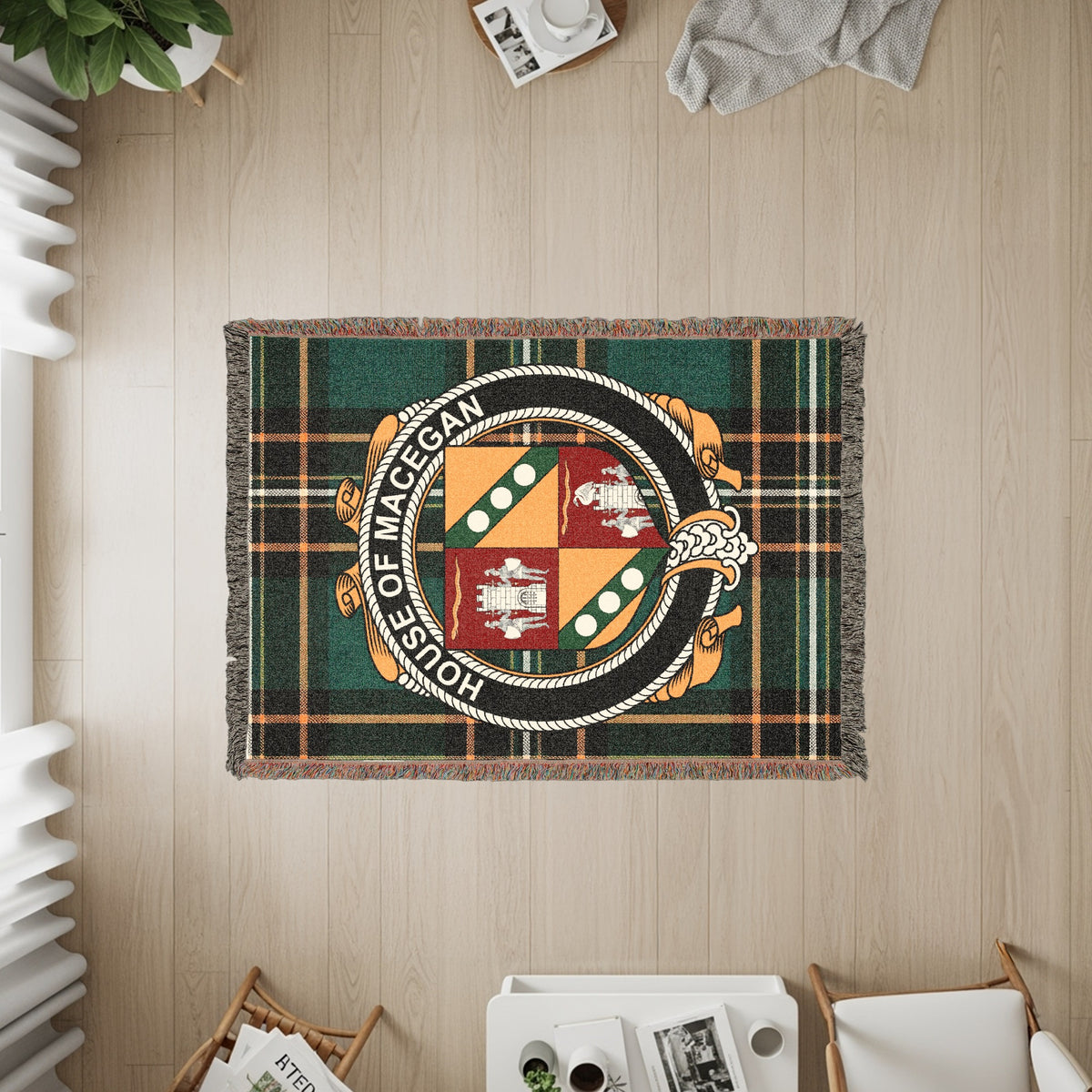 MacEgan Irish heritage woven throw with family crest emblem