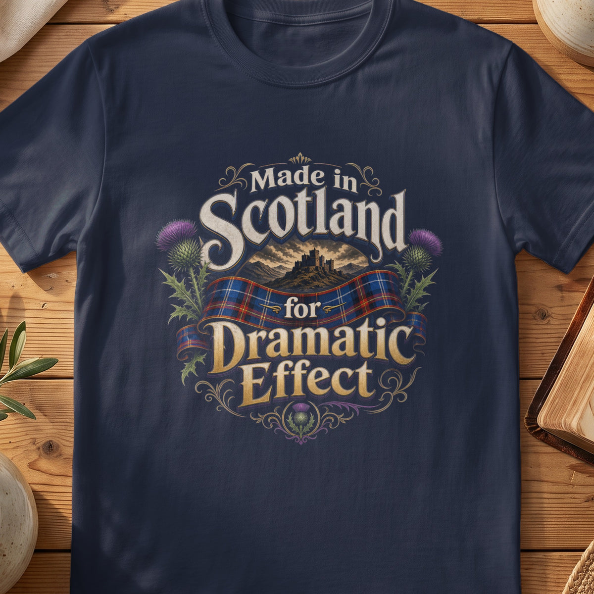 Navy Gildan 64000 unisex T-shirt flatlay with Made in Scotland for Dramatic Effect Castle Scottish graphic design