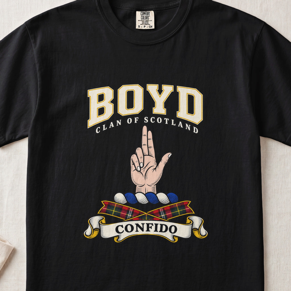 Boyd Scottish clan graphic T-shirt in Black, front view