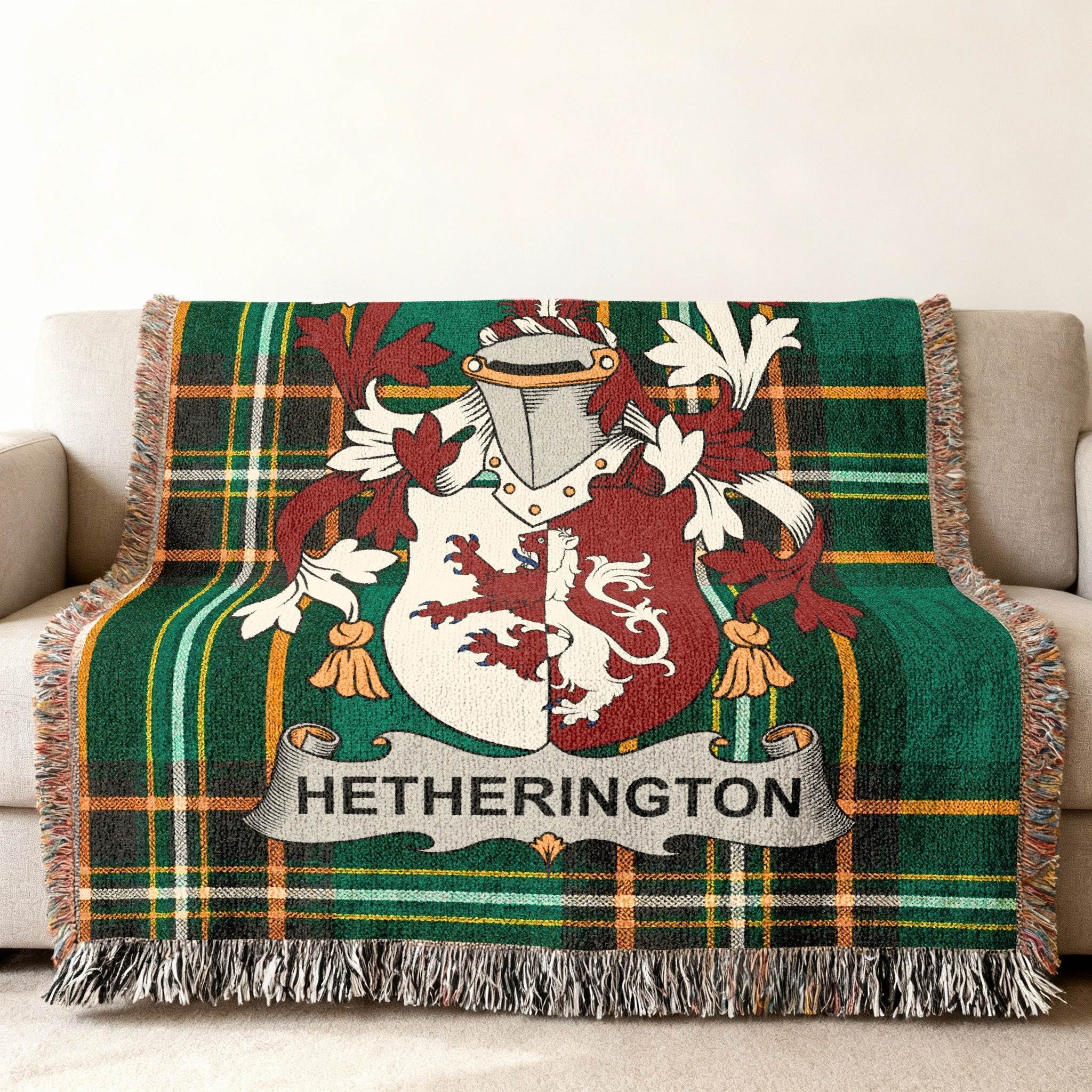 Green plaid throw blanket with Hetherington family crest.