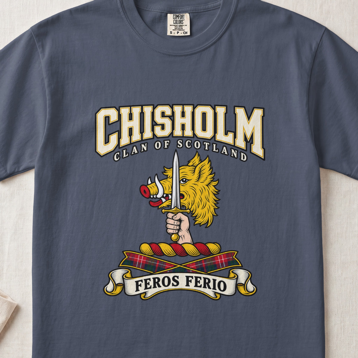 Chisholm Scottish clan graphic T-shirt in Midnight, front view