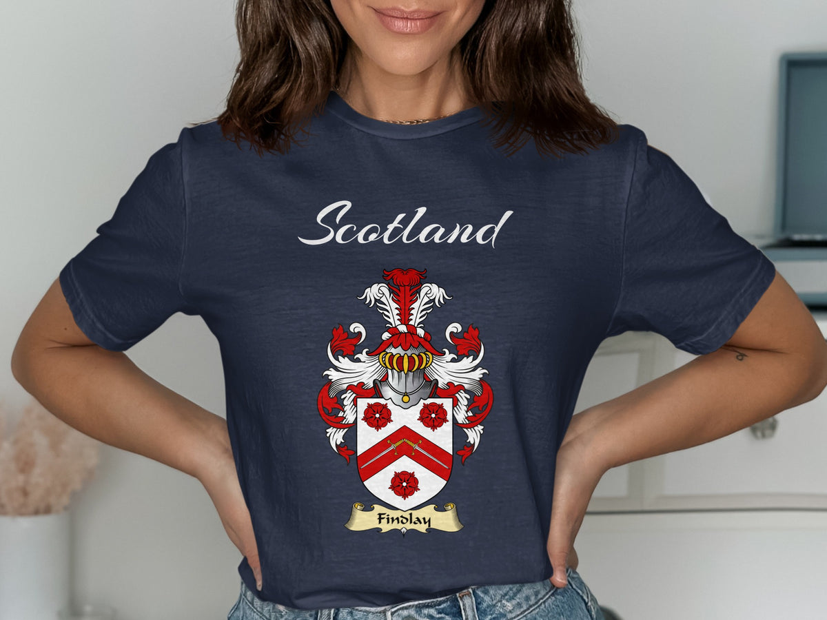 Findlay Scottish family shield design on Navy T-shirt
