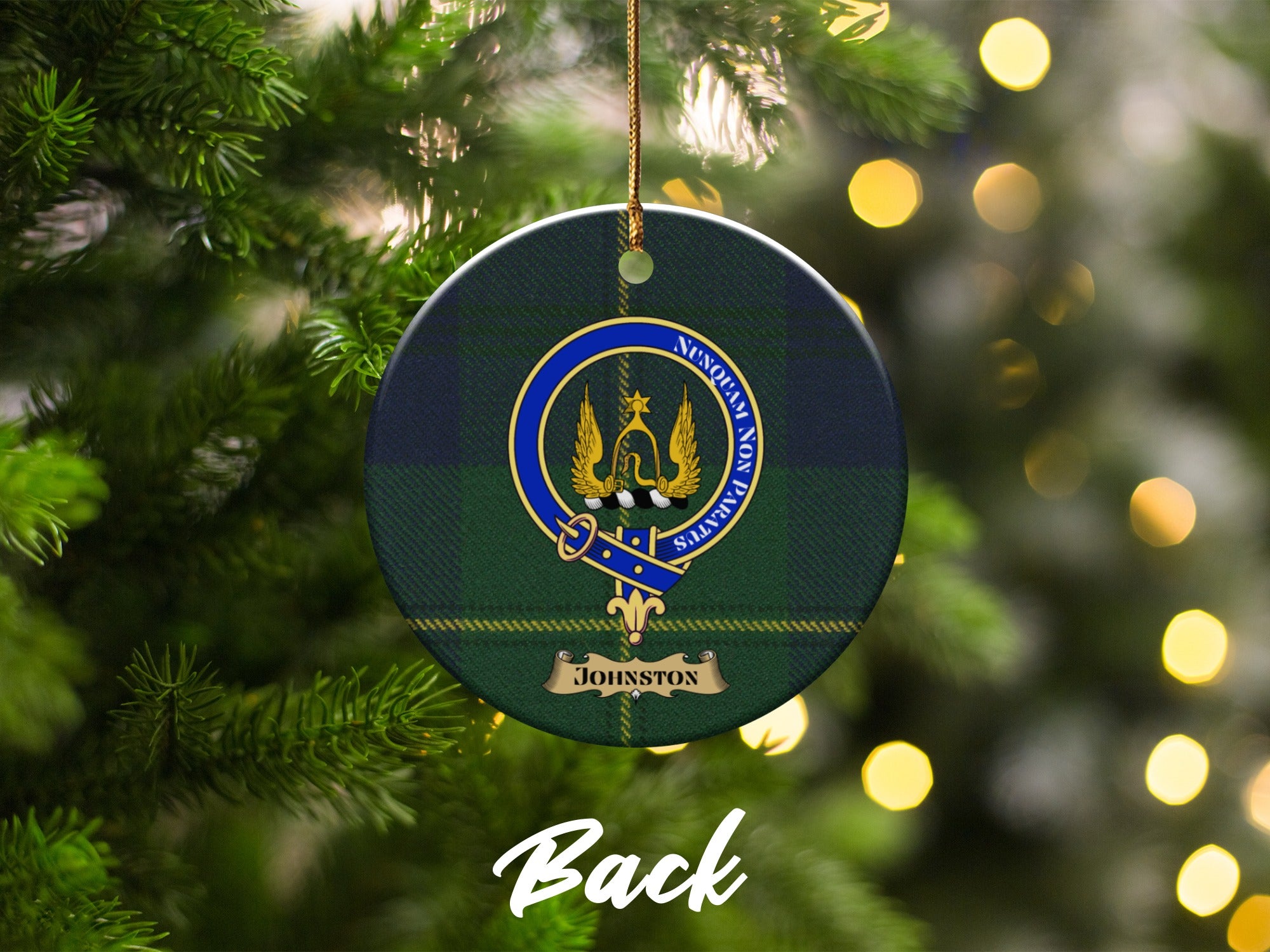 Johnston family crest on round tartan ceramic ornament — tree display