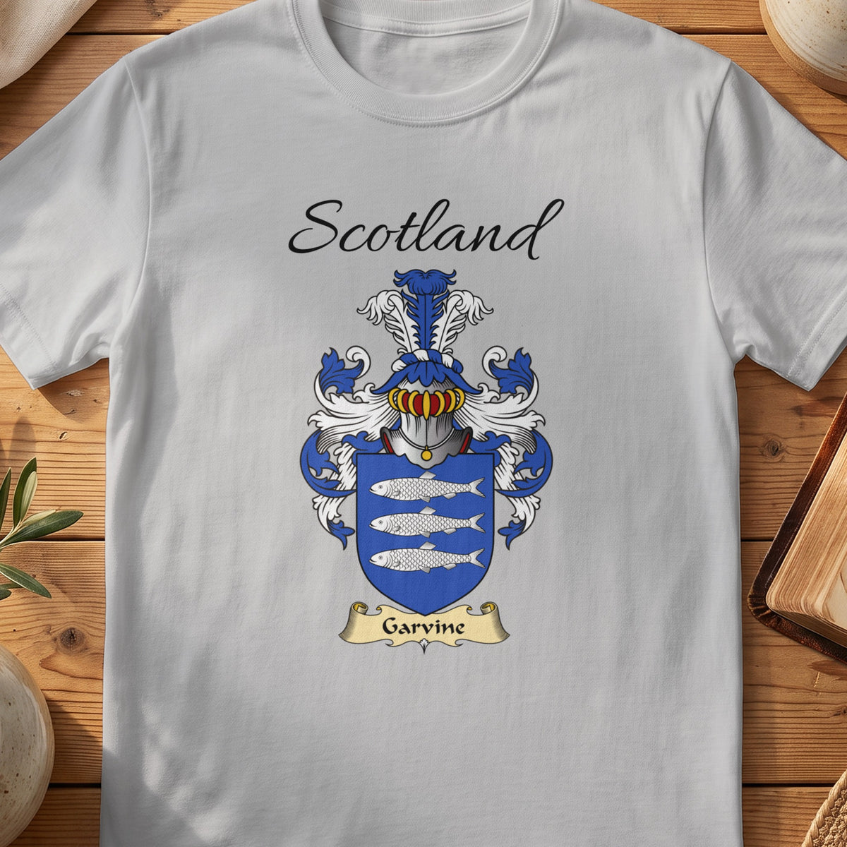 Sport Grey Garvine Scottish family shield T-shirt featuring three silver-coloured fish on blue