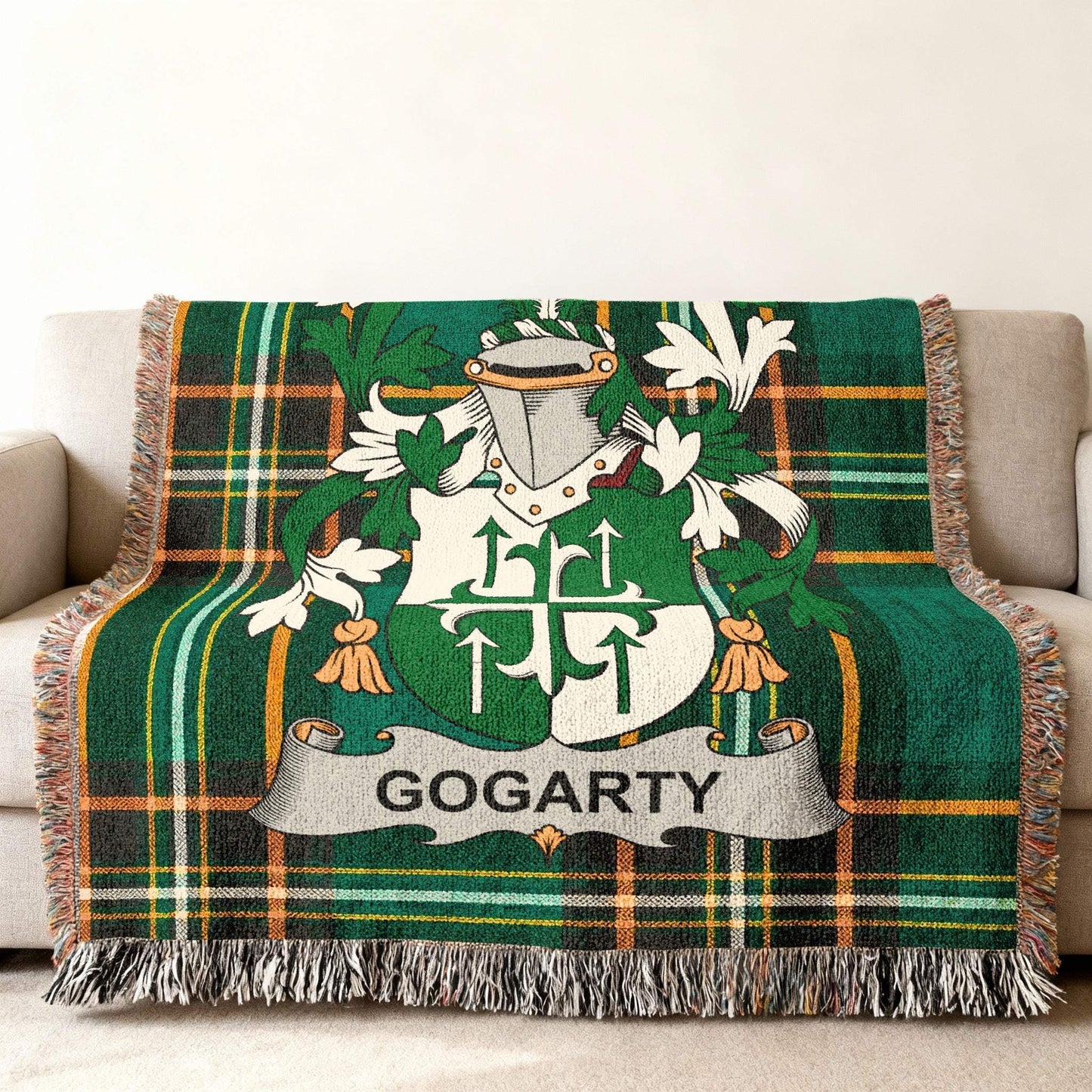 Green tartan throw blanket with the GOGARTY family crest centered.