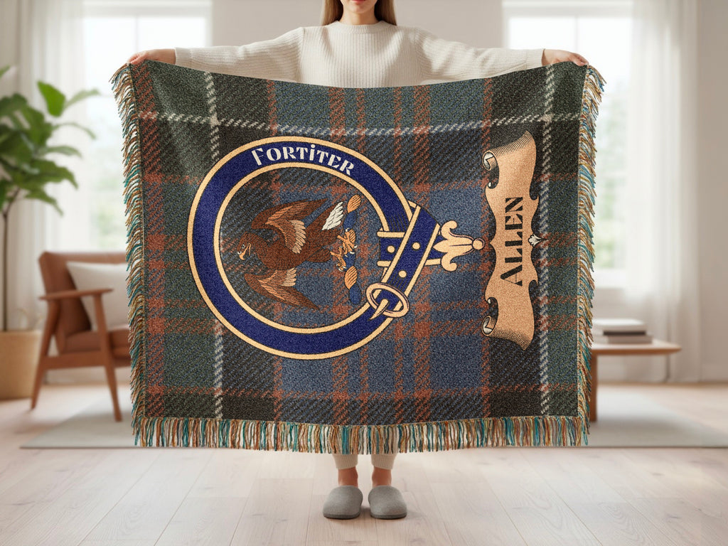 Allen family crest with falcon and Fortiter motto on tartan woven blanket