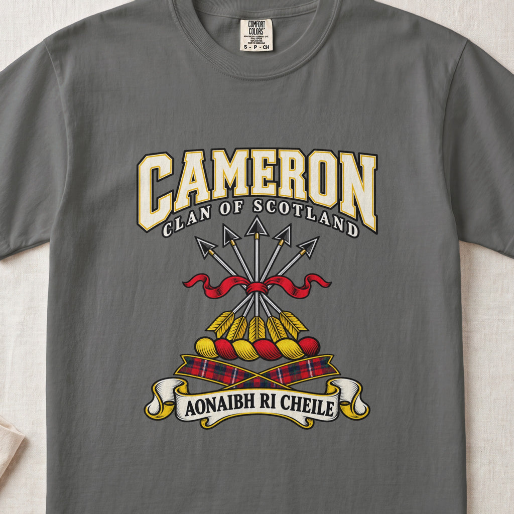 Cameron graphic T-shirt in Pepper gray, front flat lay showing varsity lettering and five arrows tied with red ribbon.