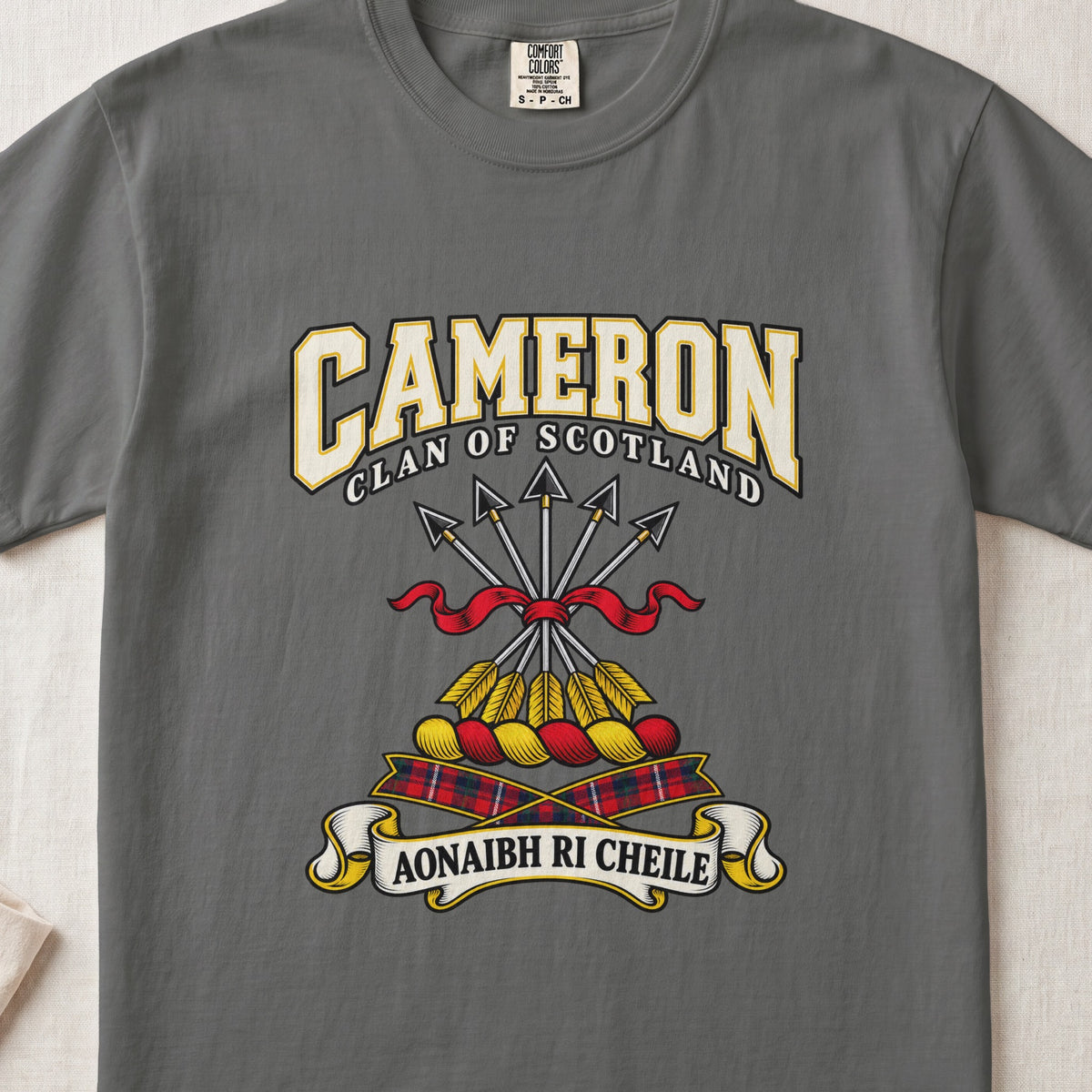 Cameron graphic T-shirt in Pepper gray, front flat lay showing varsity lettering and five arrows tied with red ribbon.