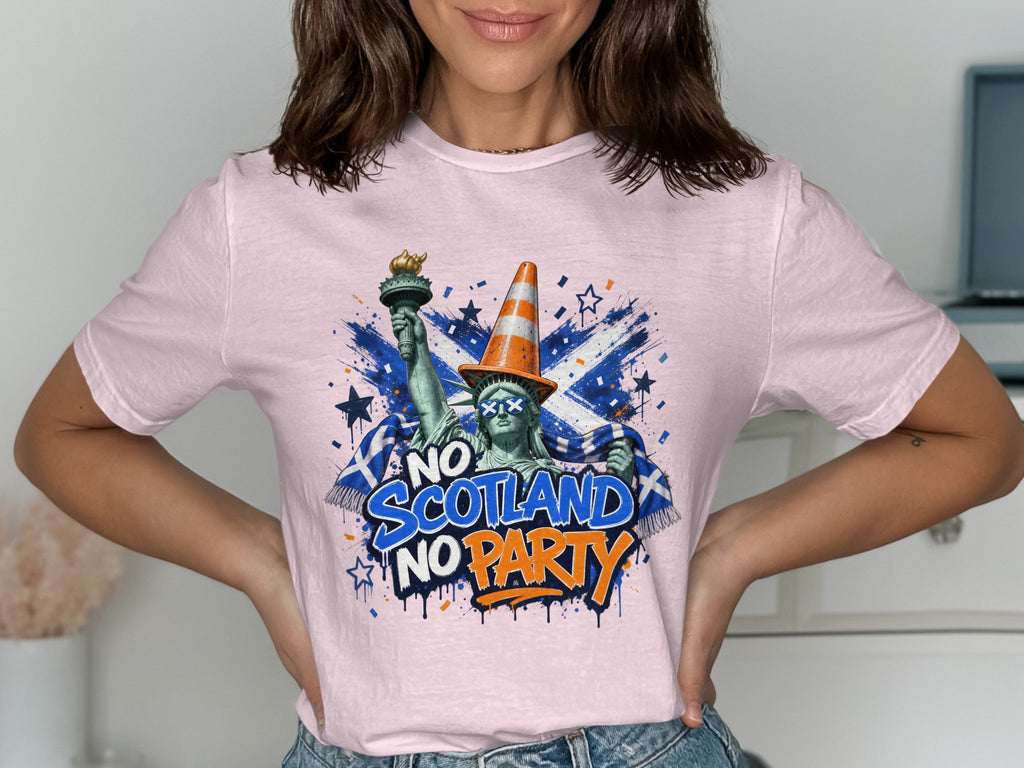 Statue of Liberty with Scottish flag and "No Scotland No Party" text.