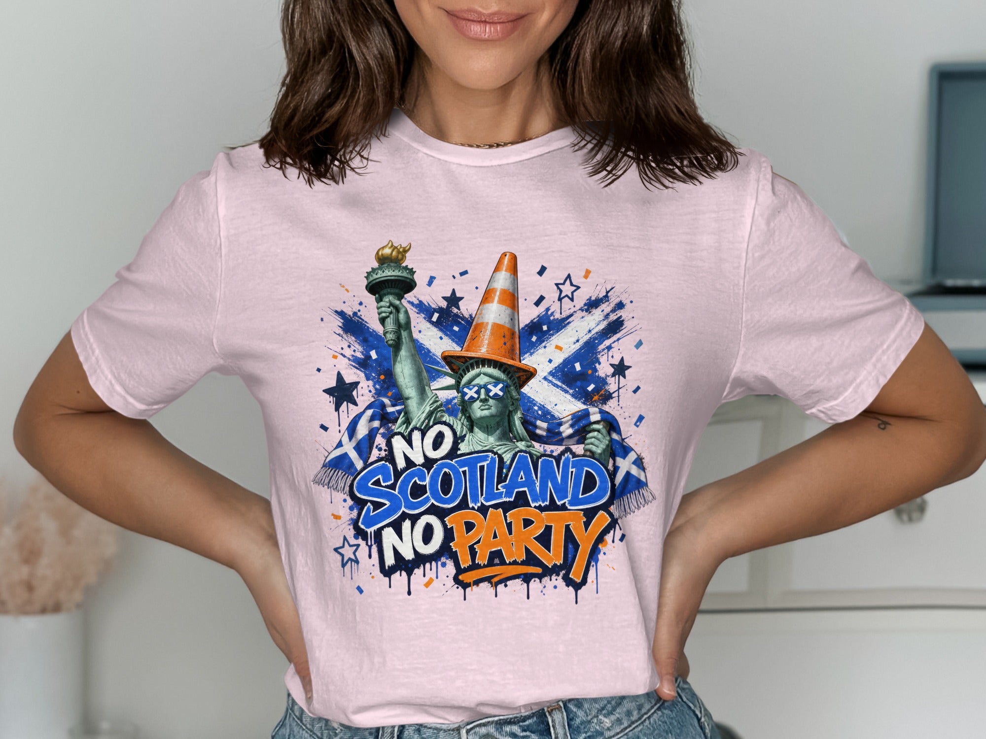 Statue of Liberty with Scottish flag and "No Scotland No Party" text.