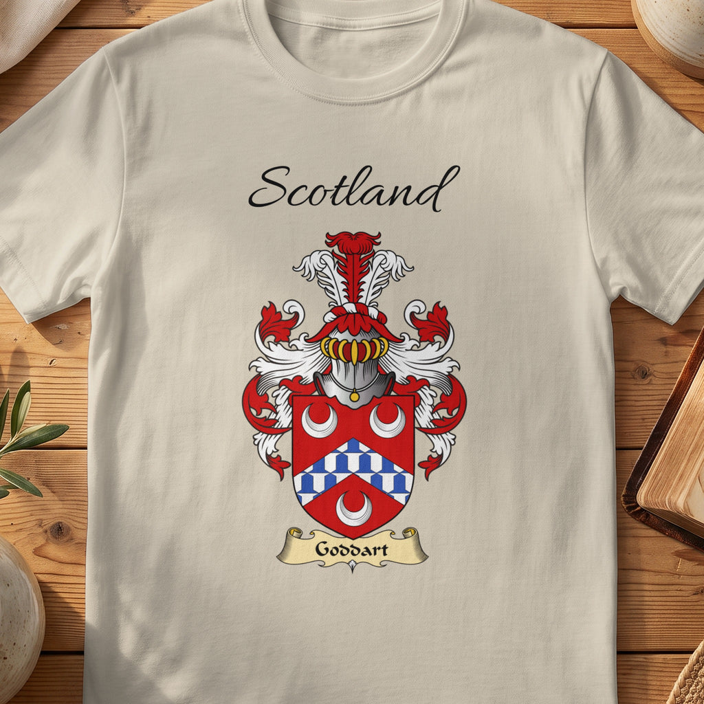 Sand Goddart Scottish family shield T-shirt featuring a blue-and-white chevron between white crescents