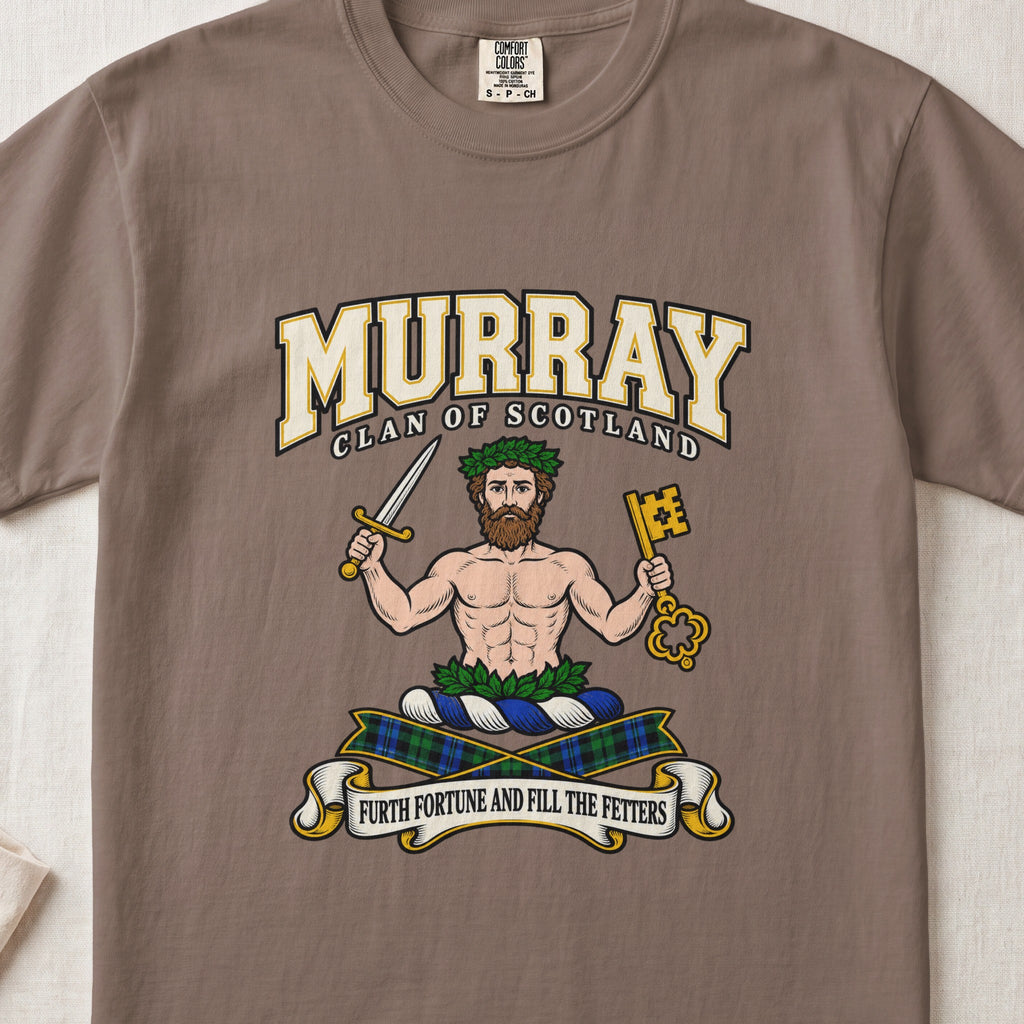 Murray of Athole graphic T-shirt in Espresso brown, front flat lay showing varsity lettering and bearded bare-chested man wearing green leaves and holding a sword and large gold key.