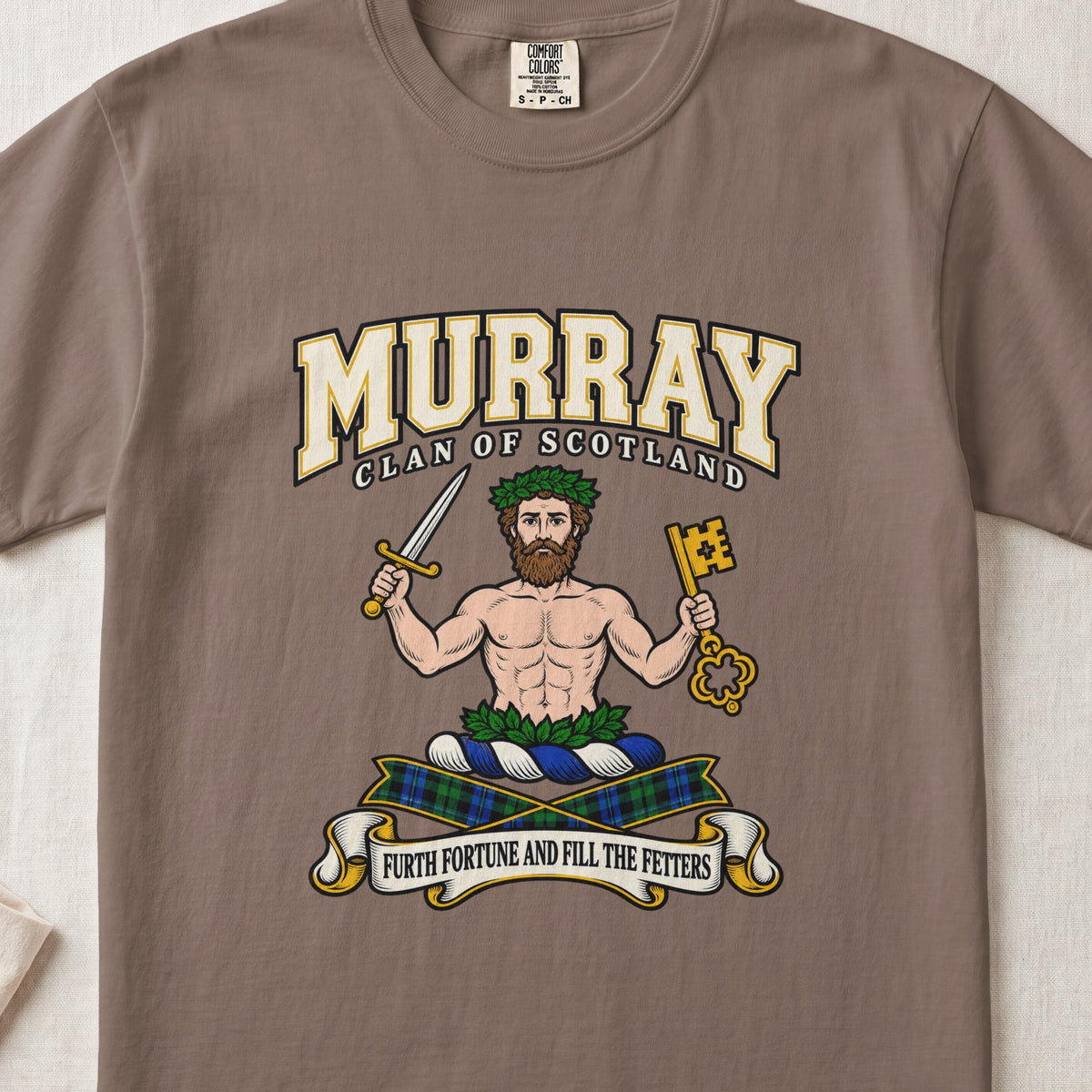 Murray of Athole graphic T-shirt in Espresso brown, front flat lay showing varsity lettering and bearded bare-chested man wearing green leaves and holding a sword and large gold key.