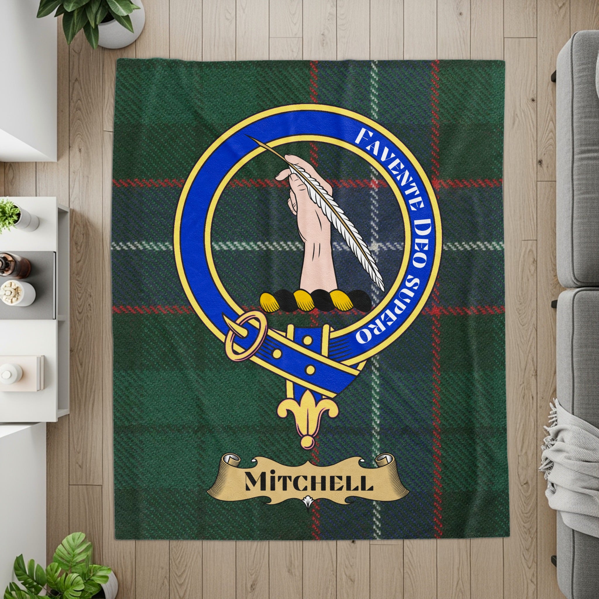 Mitchell crest on green tartan printed throw blanket — flat lay detail