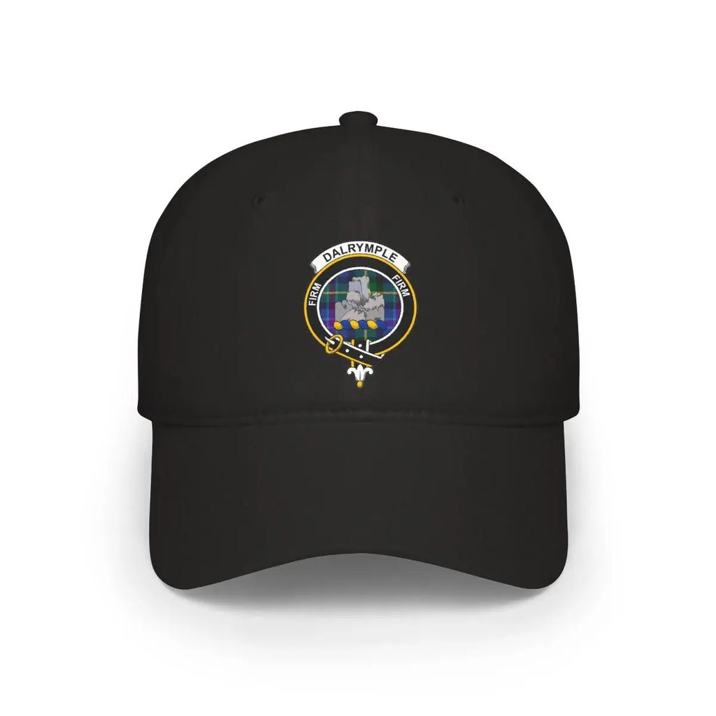 Clan Dalrymple crest baseball cap in black — low-profile cotton, printed clan crest and motto Firm