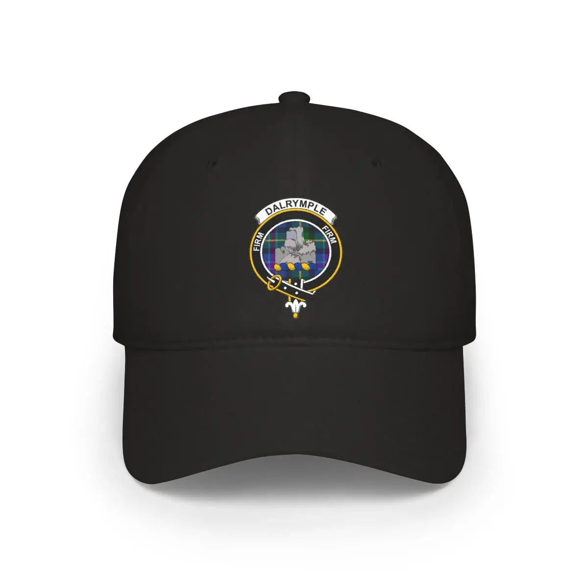 Clan Dalrymple crest baseball cap in black — low-profile cotton, printed clan crest and motto Firm