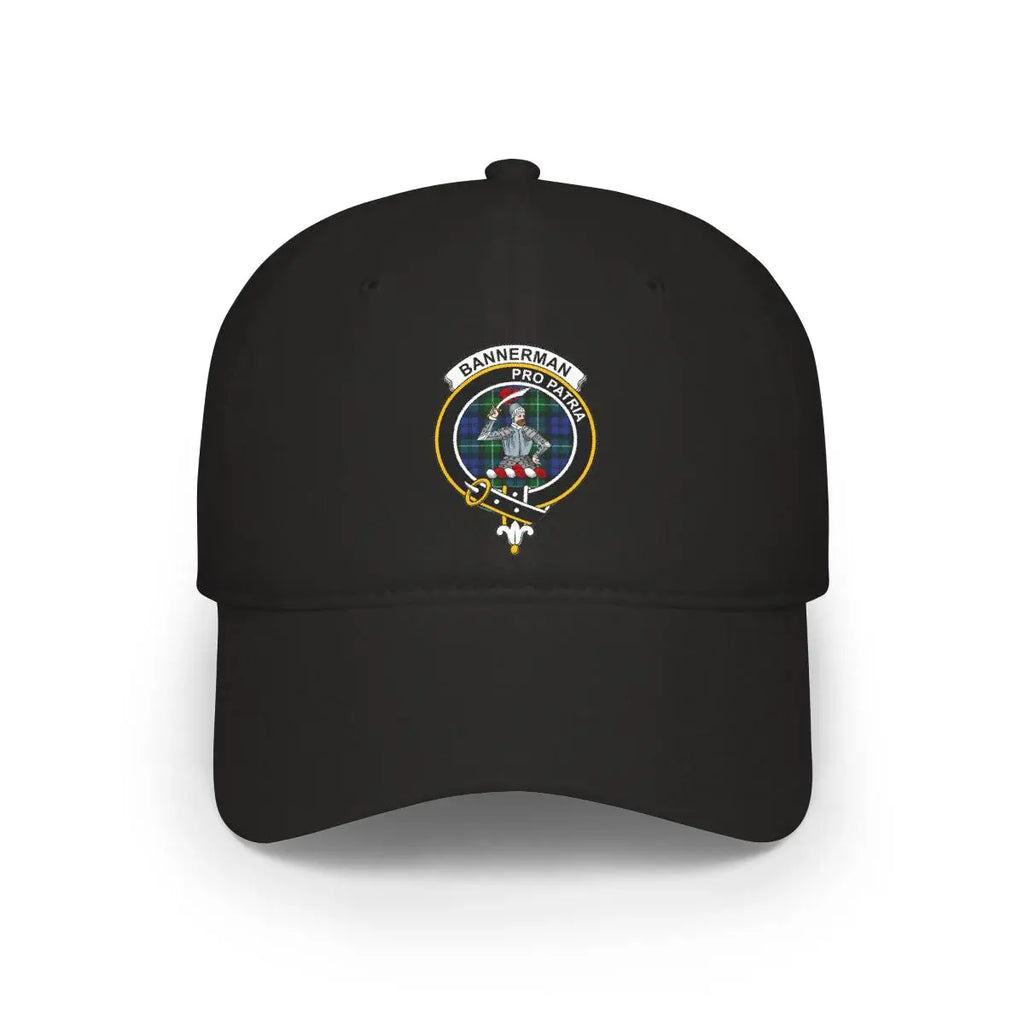 Clan Bannerman pro patria crest printed cap in black — low-profile cotton Scottish clan hat