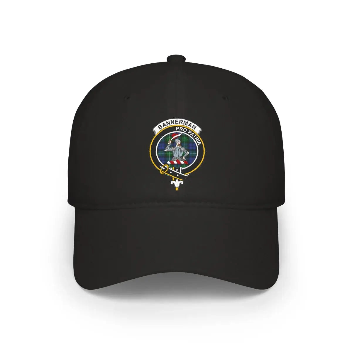 Clan Bannerman pro patria crest printed cap in black — low-profile cotton Scottish clan hat