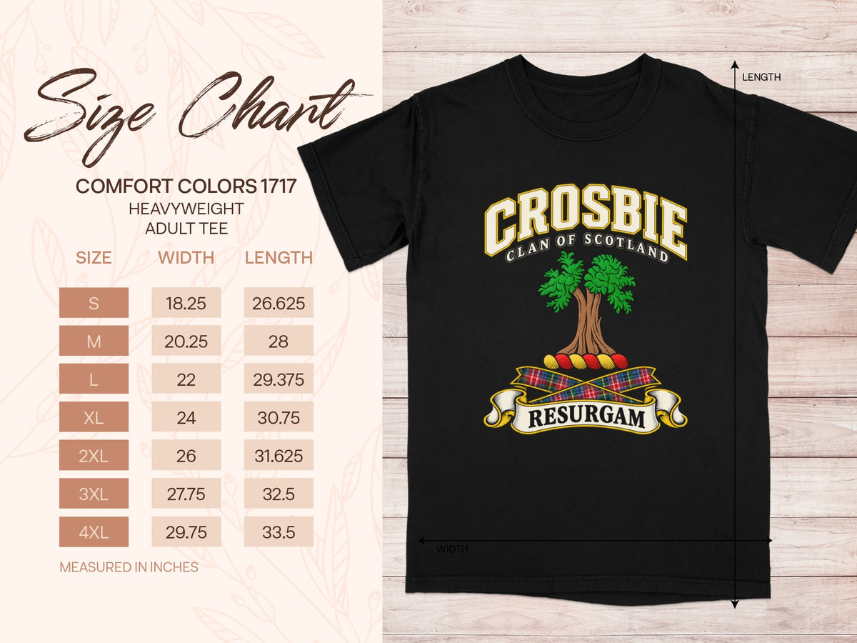 Comfort Colors 1717 size chart for the Crosbie Scottish clan T-shirt, adult sizes S–4XL.
