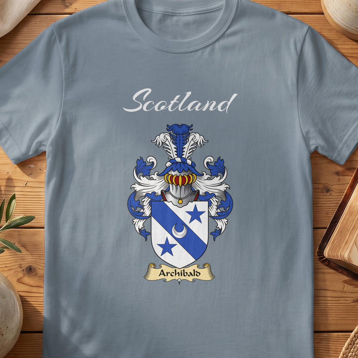 Archibald Scottish family shield T-shirt in Stone Blue
