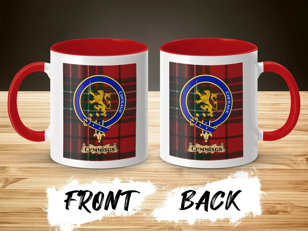 Cummings tartan-background crest mug shown as a Scottish heritage gift
