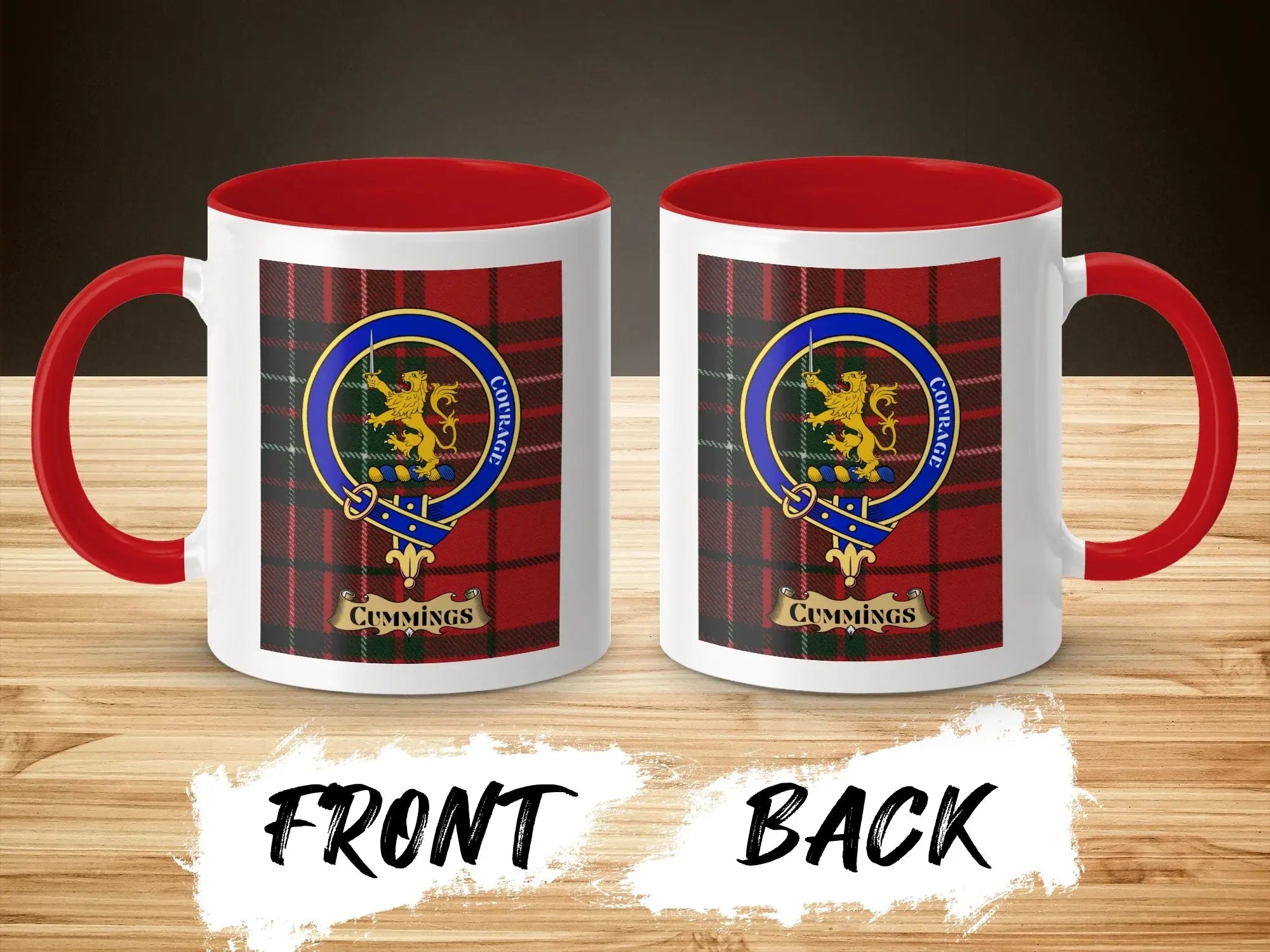 Cummings tartan-background crest mug shown as a Scottish heritage gift