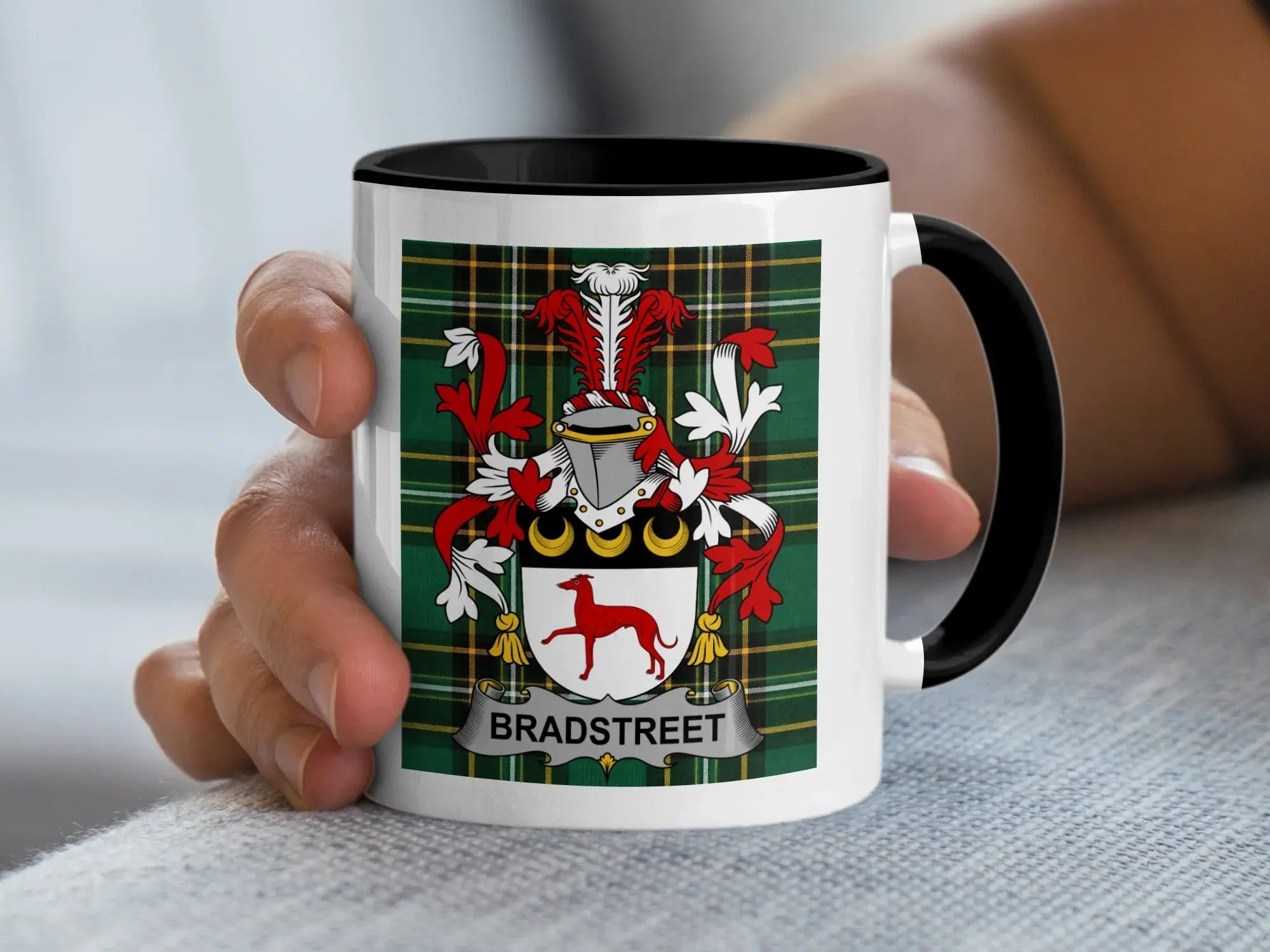 Bradstreet Irish family crest accent mug with black handle on Irish National Tartan