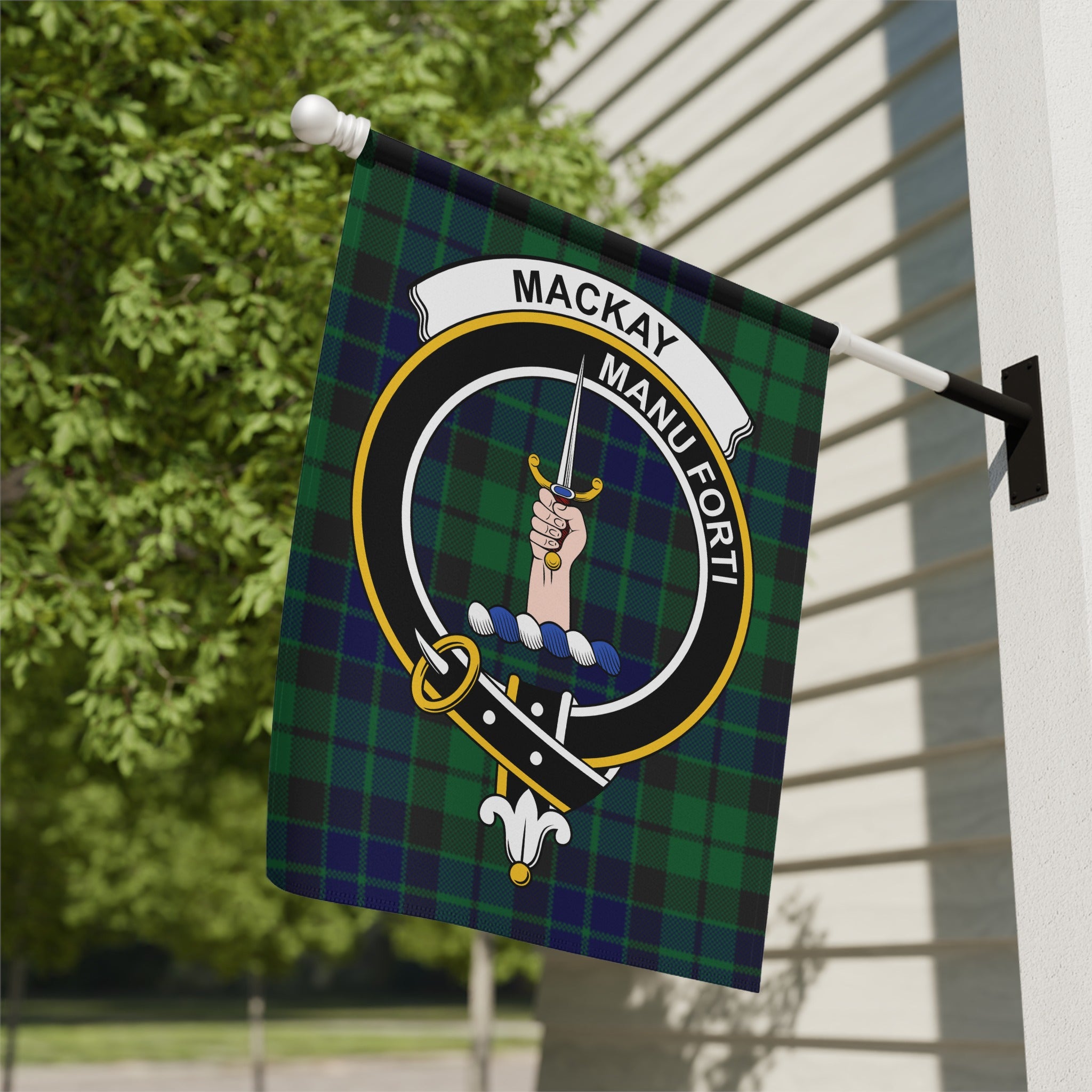 MacKay clan crest tartan garden flag with raised hand and Manu Forti motto