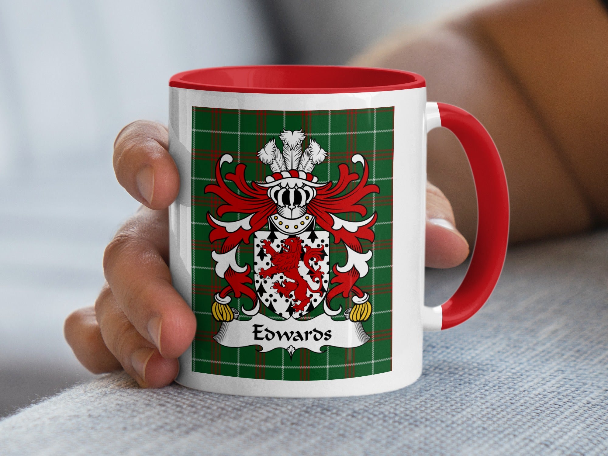 Edwards Welsh family crest mug on Welsh National Tartan